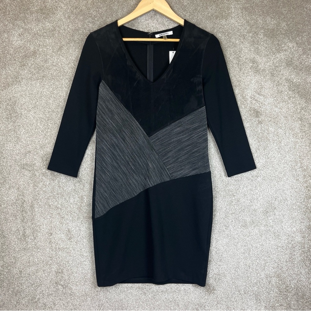DKNYC Dress Womens Extra Small Black Gray 3/4 Sleeve Stretch V Neck NEW- 9651*